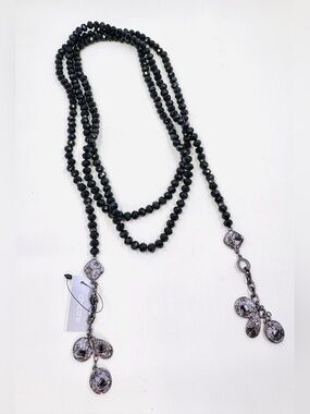 Chico's Faceted Black Glass Bead Lariat Style Necklace W/ Silver Cha Cha Accents